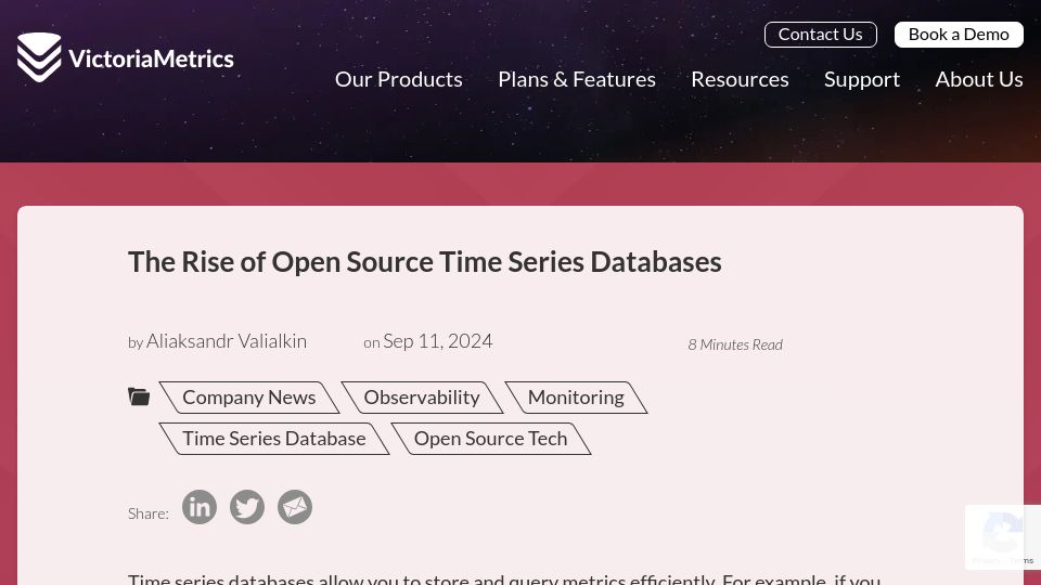 Screenshot of victoriametrics.com: The Rise of Open Source Time Series Databases