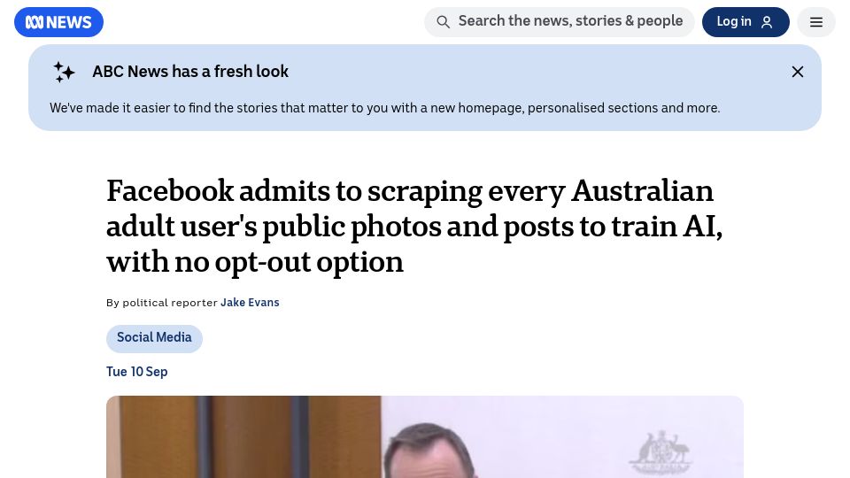 Screenshot of abc.net.au: Facebook scraped every Australian adult user's public posts to train AI