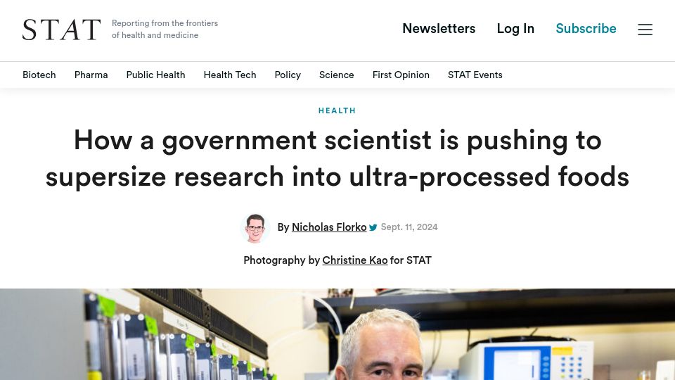 Screenshot of statnews.com: How a scientist is pushing to supersize research into ultra-processed foods