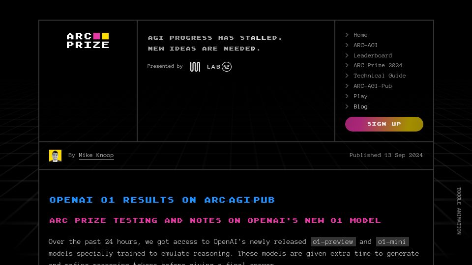 Screenshot of arcprize.org: OpenAI o1 Results on ARC-AGI-Pub