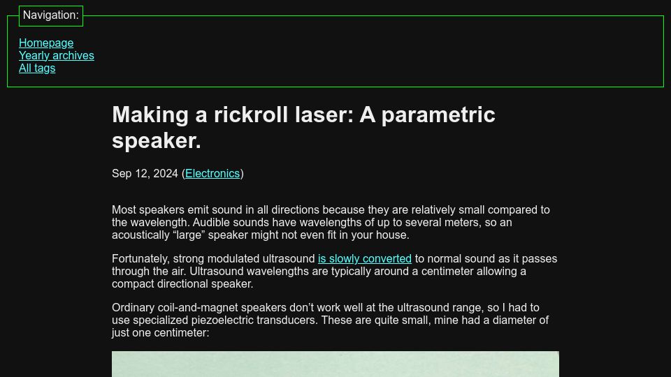Screenshot of 10maurycy10.github.io: Making a rickroll laser: A parametric speaker