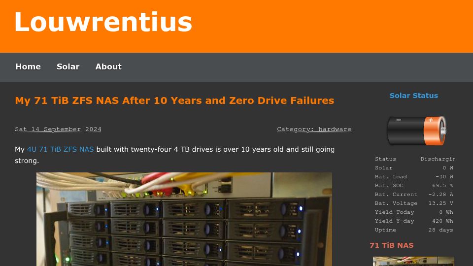 Screenshot of louwrentius.com: My 71 TiB ZFS NAS After 10 Years and Zero Drive Failures