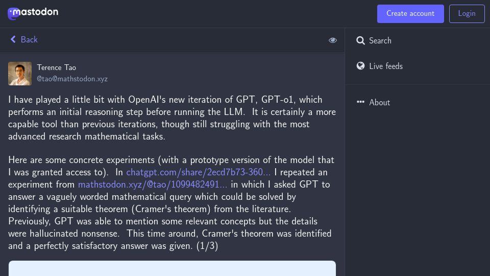 Screenshot of mathstodon.xyz: Terence Tao on O1