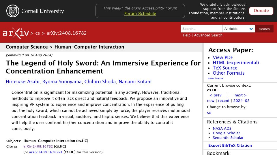 Screenshot of arxiv.org: The Legend of Holy Sword: An Immersive Experience for Concentration Enhancement