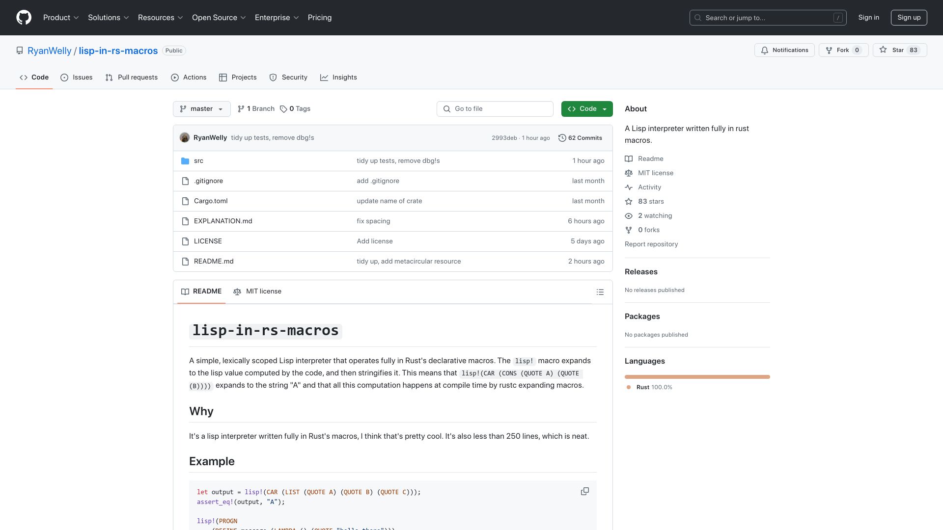 Screenshot of github.com: Lisp implemented in Rust macros