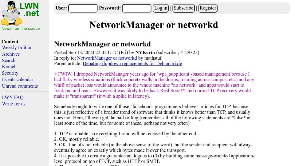 Screenshot of lwn.net: Falsehoods programmers believe about TCP