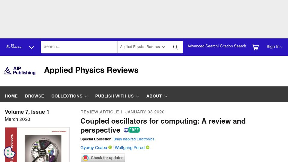 Screenshot of pubs.aip.org: Coupled Oscillators for Computing (2020)