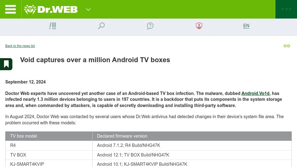 Screenshot of news.drweb.com: Void captures over a million Android TV boxes