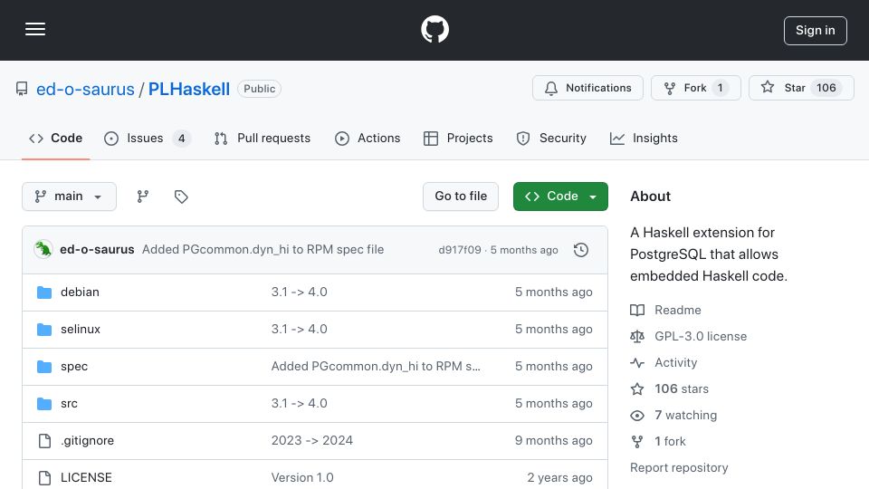 Screenshot of github.com: Haskell Postgres Stored Procedures