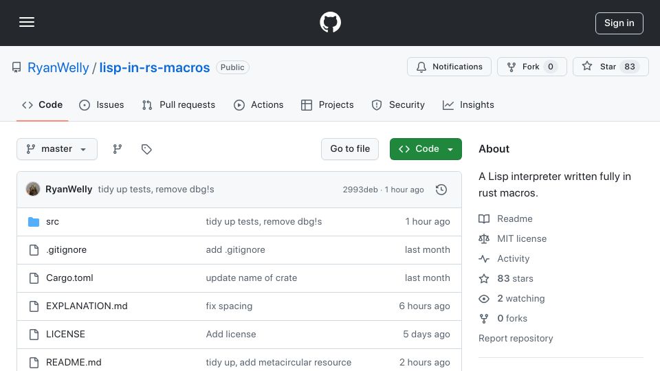 Screenshot of github.com: Lisp implemented in Rust macros