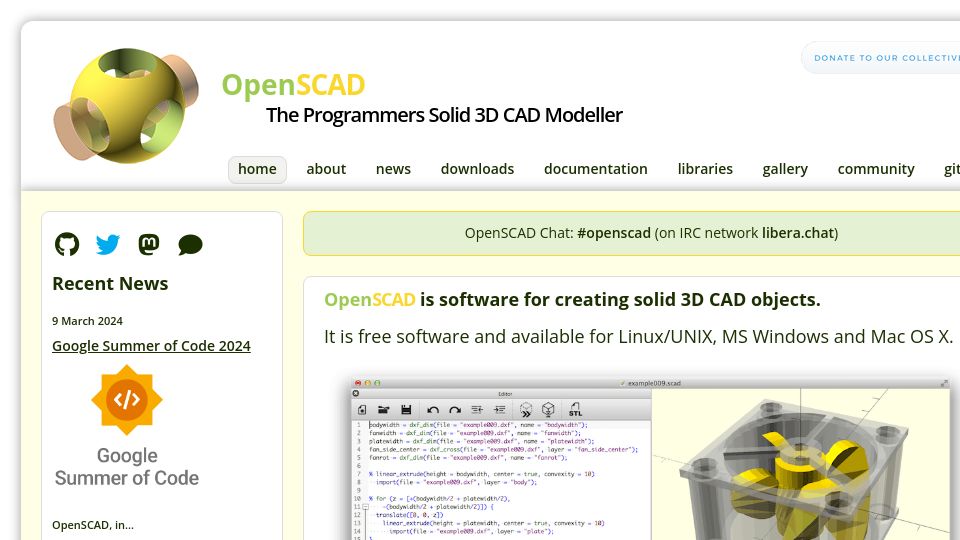 Screenshot of openscad.org: OpenSCAD: The Programmer's Solid 3D CAD Modeller