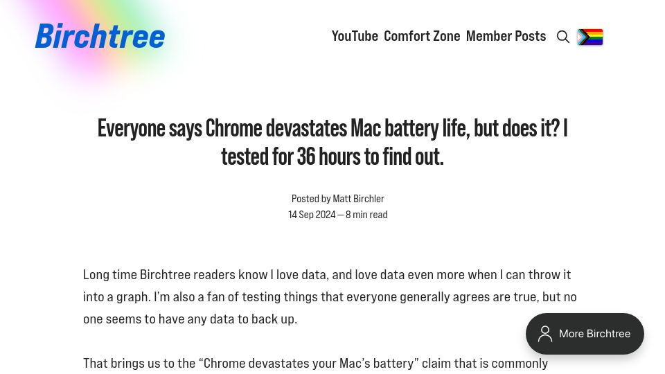 Screenshot of birchtree.me: Everyone says Chrome devastates Mac battery life, but does it? 36 hour test