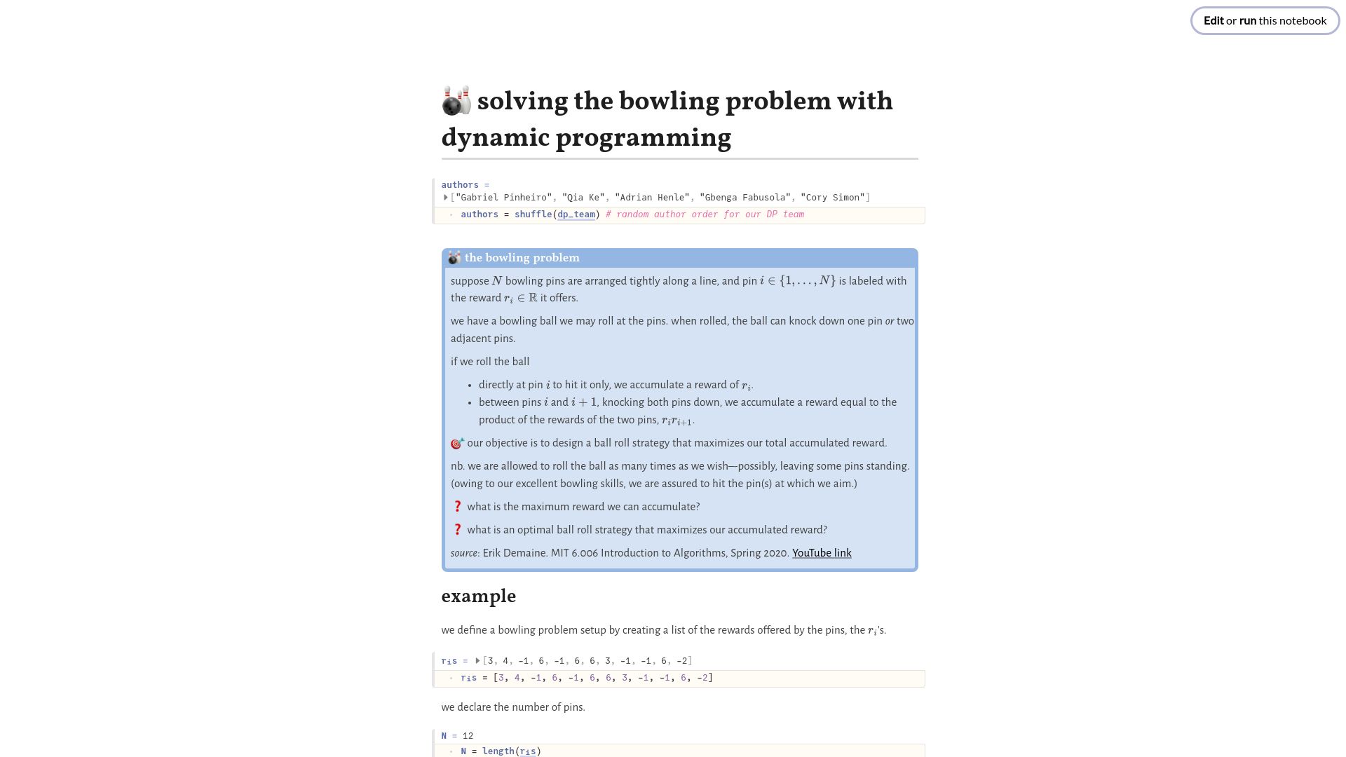 Screenshot of simonensemble.github.io: Solving the bowling problem with dynamic programming