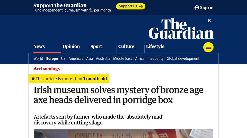 Screenshot of theguardian.com: Irish museum solves mystery of Bronze Age axe heads delivered in porridge box