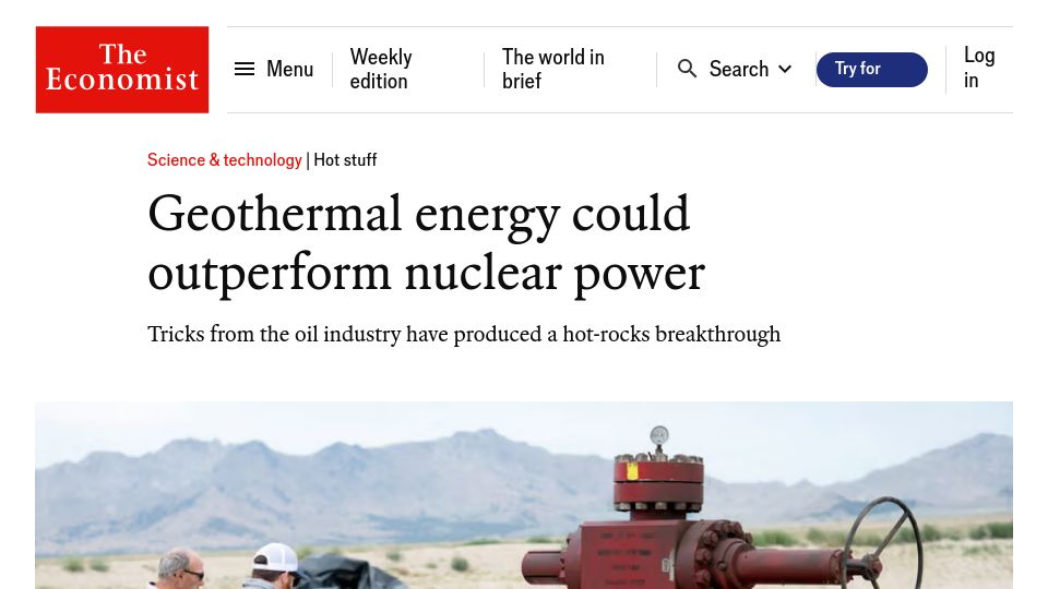 Screenshot of economist.com: Geothermal energy could outperform nuclear power