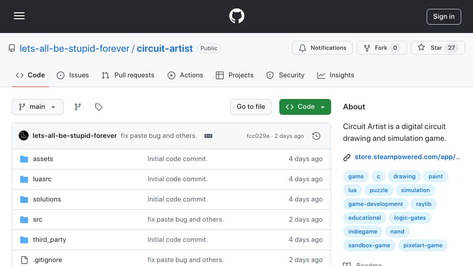 Screenshot of github.com: Show HN: I made a digital circuit drawing and simulation game