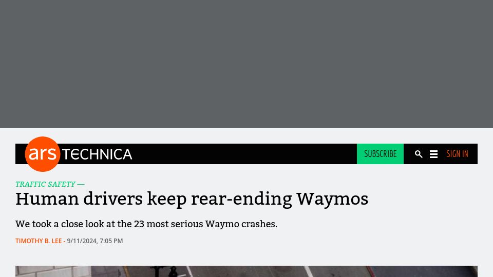 Screenshot of arstechnica.com: Human drivers keep rear-ending Waymos