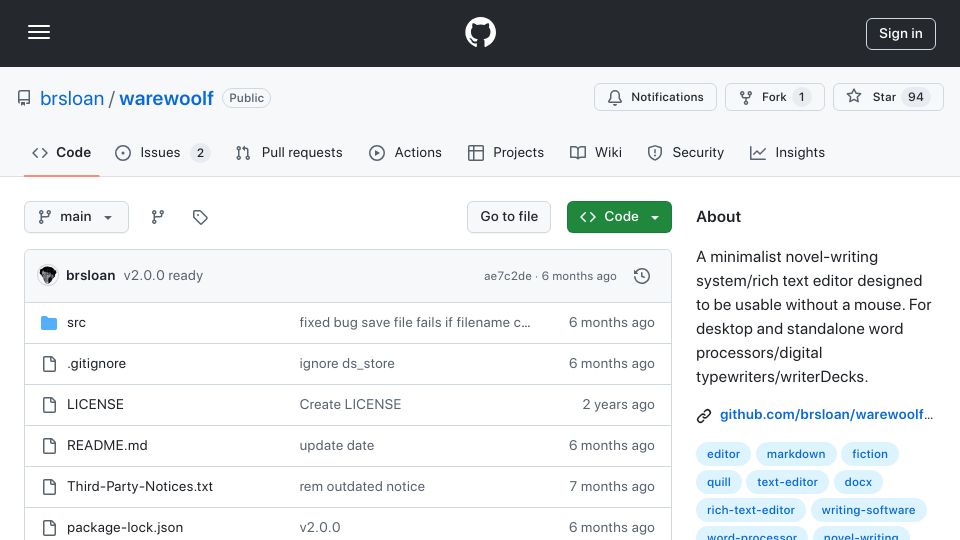 Screenshot of github.com: Warewoolf: A minimalist novel-writing system/rich text editor
