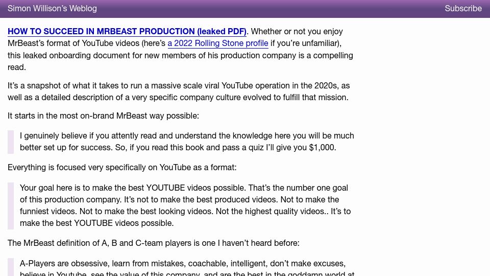 Screenshot of simonwillison.net: How to succeed in MrBeast production (Leaked PDF)