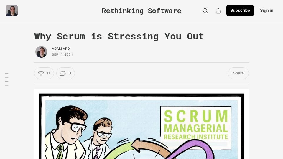 Screenshot of rethinkingsoftware.substack.com: Why Scrum is stressing you out