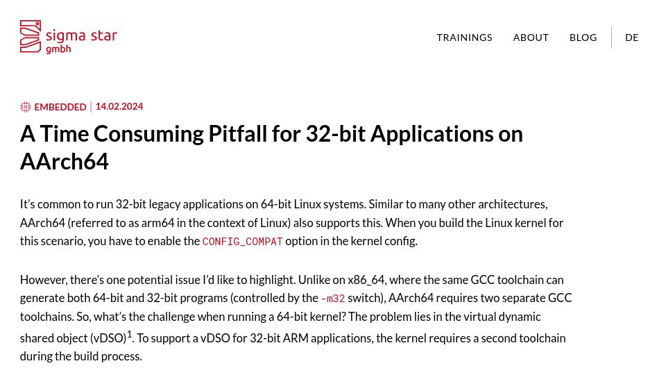 Screenshot of sigma-star.at: A Time Consuming Pitfall for 32-Bit Applications on AArch64