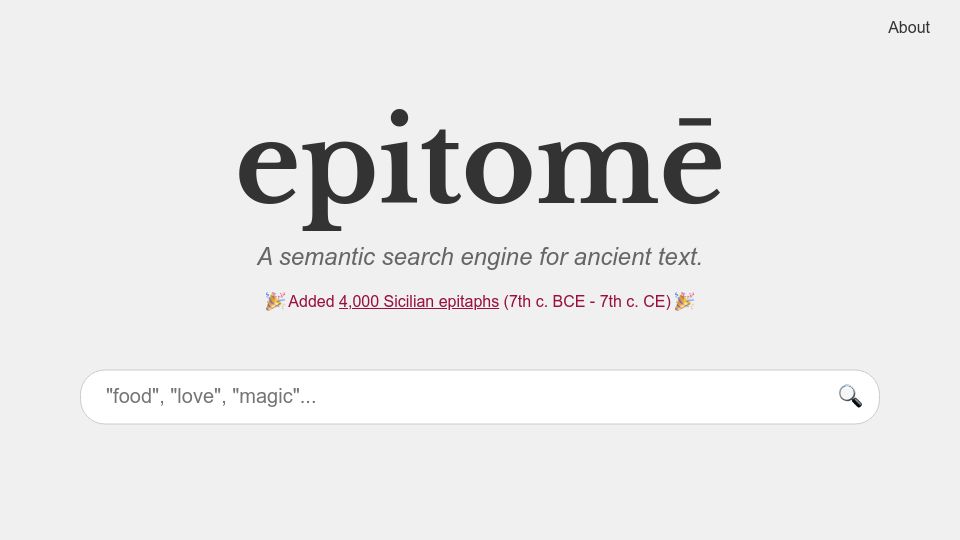 Screenshot of barneyhill.com: Show HN: Epitomē – A semantic search engine for ancient text