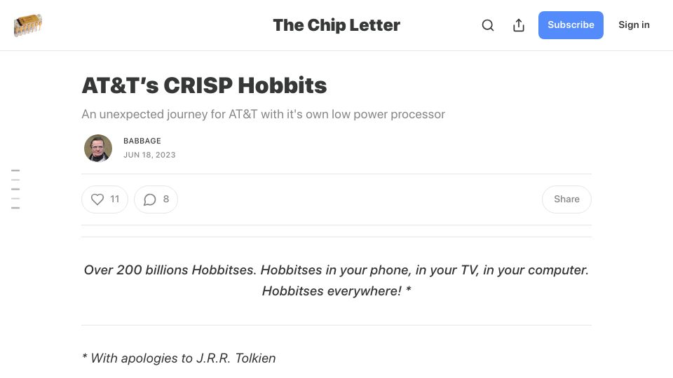 Screenshot of thechipletter.substack.com: AT&T's Hobbit Microprocessor (2023)