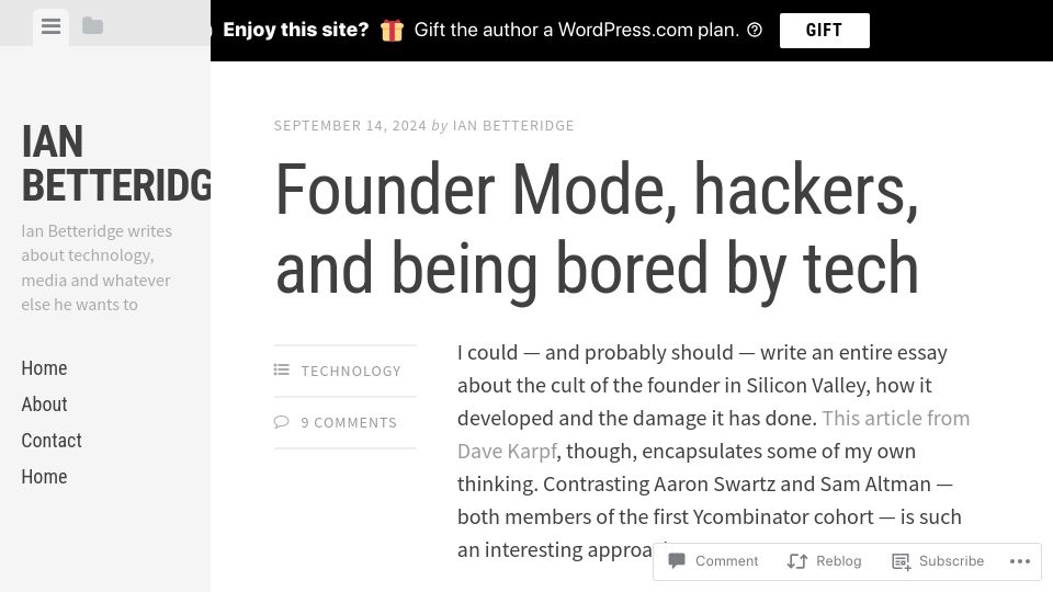 Screenshot of ianbetteridge.com: Founder Mode, hackers, and being bored by tech