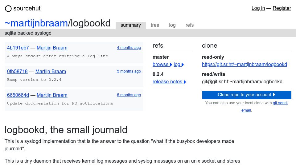Screenshot of git.sr.ht: Logbookd – SQLite Backed Syslogd