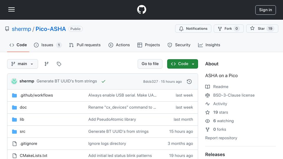 Screenshot of github.com: Pico-ASHA: USB audio to ASHA adapter