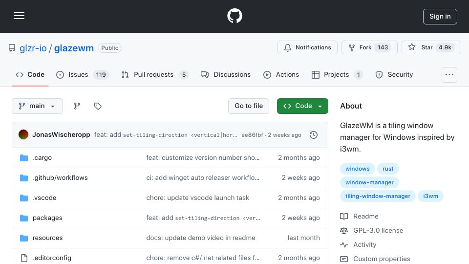 Screenshot of github.com: i3wm inspired wm for Windows