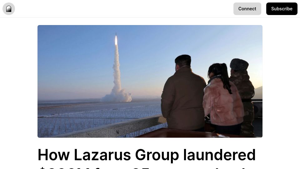 Screenshot of zachxbt.mirror.xyz: Lazarus Group laundered $200M from 25 crypto hacks to fiat