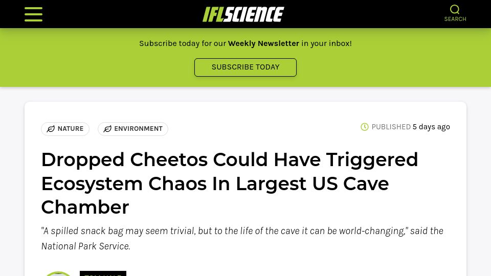 Screenshot of iflscience.com: Dropped Cheetos Could Have Triggered Ecosystem Chaos in Largest US Cave Chamber