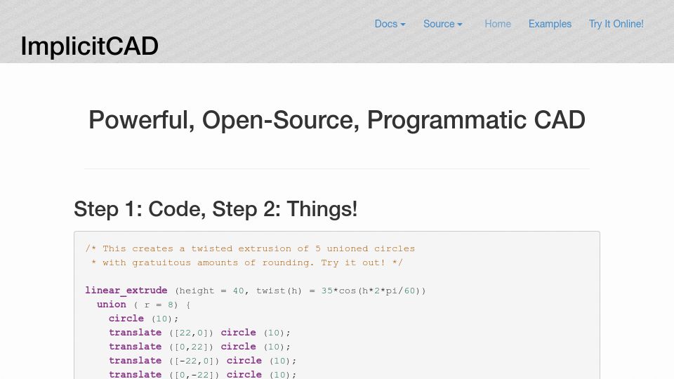 Screenshot of implicitcad.org: Powerful, Open-Source, Programmatic CAD