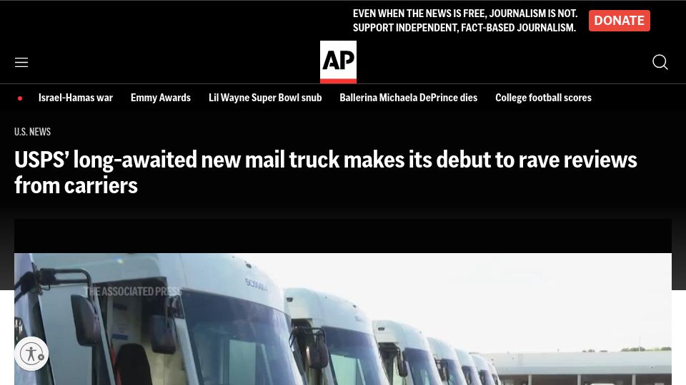 Screenshot of apnews.com: USPS' long-awaited new mail truck makes its debut