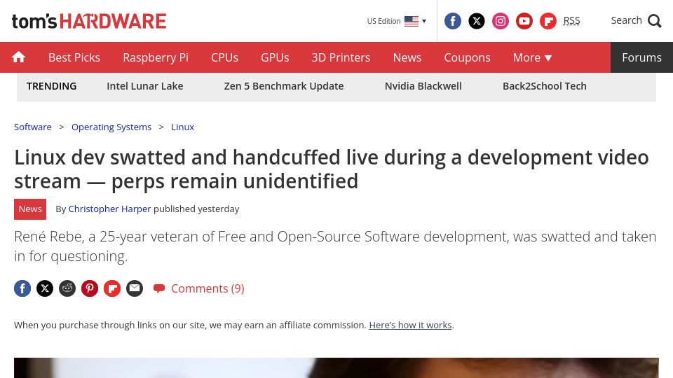 Screenshot of tomshardware.com: Linux dev swatted and handcuffed live during a development video stream