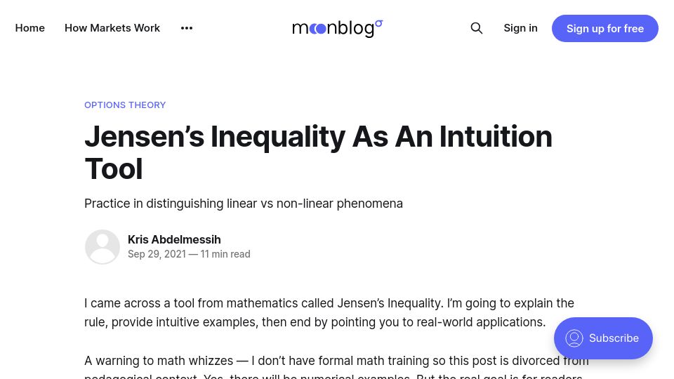 Screenshot of blog.moontower.ai: Jensen's Inequality as an Intuition Tool (2021)