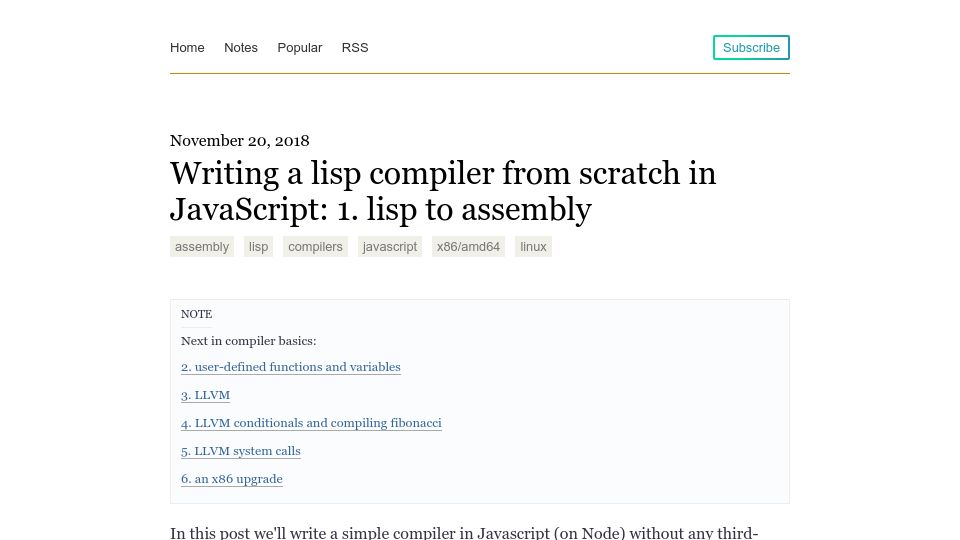 Screenshot of notes.eatonphil.com: Writing a Lisp compiler (Lisp to assembly) from scratch in JavaScript (2018)
