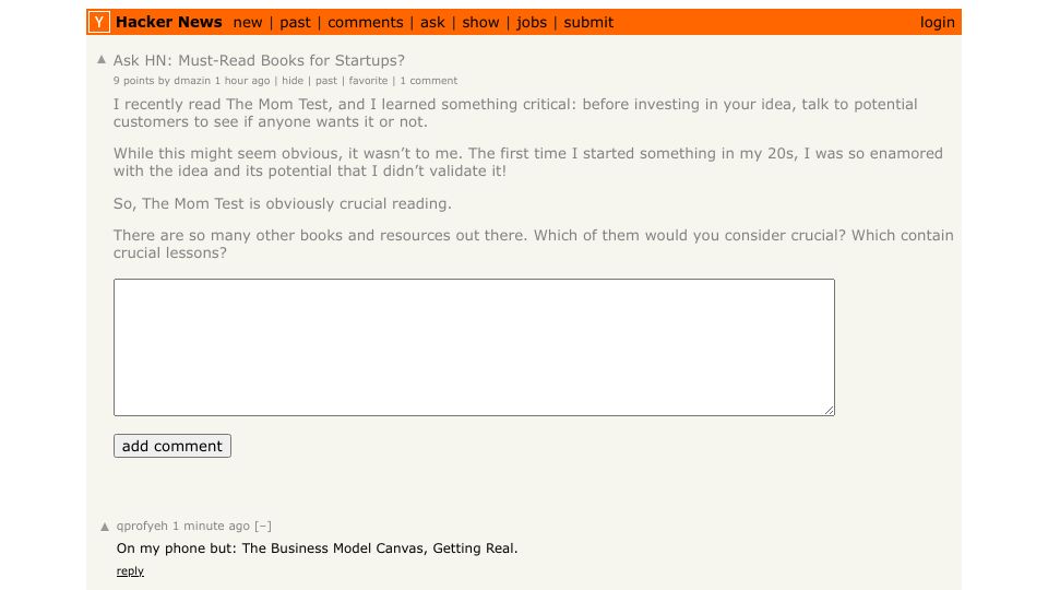 Screenshot of Hacker News post: Ask HN: Must-Read Books for Startups?