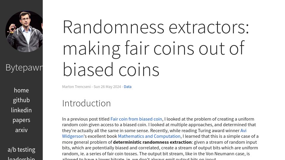 Screenshot of bytepawn.com: Randomness extractors: making fair coins out of biased coins