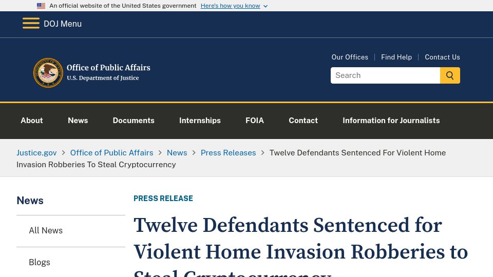 Screenshot of justice.gov: Twelve sentenced for violent home invasion robberies to steal cryptocurrency