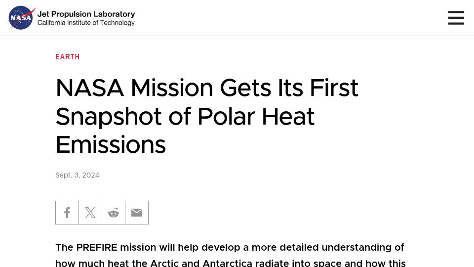 Screenshot of jpl.nasa.gov: NASA Mission Gets Its First Snapshot of Polar Heat Emissions