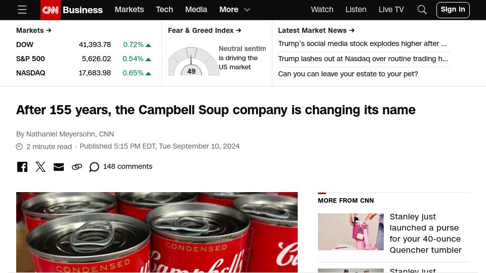 Screenshot of cnn.com: After 155 years, the Campbell Soup company is changing its name
