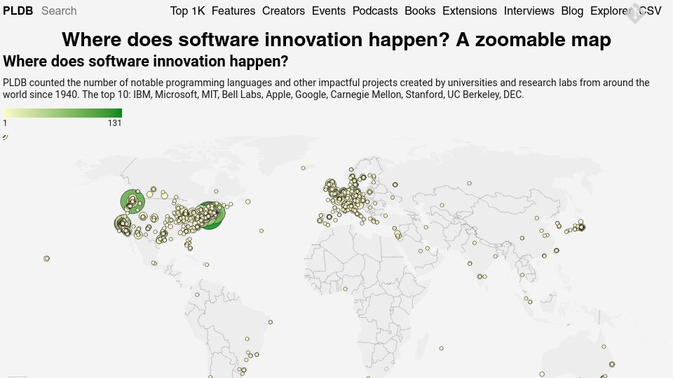 Screenshot of pldb.io: Where are programming languages created? A zoomable map