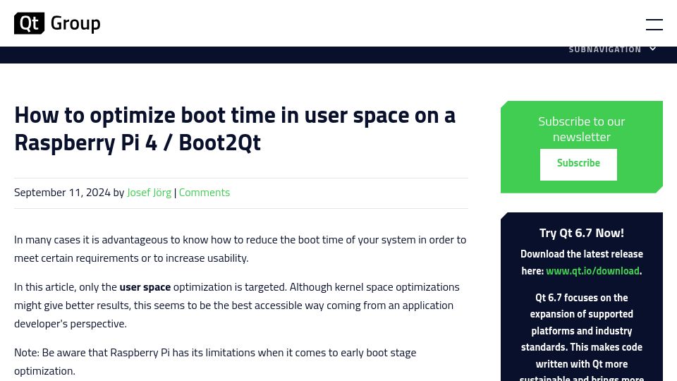 Screenshot of qt.io: How to optimize boot time in user space on a Raspberry Pi 4 / Boot2Qt