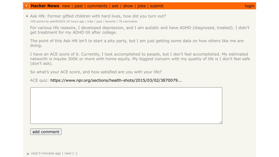 Screenshot of Hacker News post: Ask HN: Former gifted children with hard lives, how did you turn out?