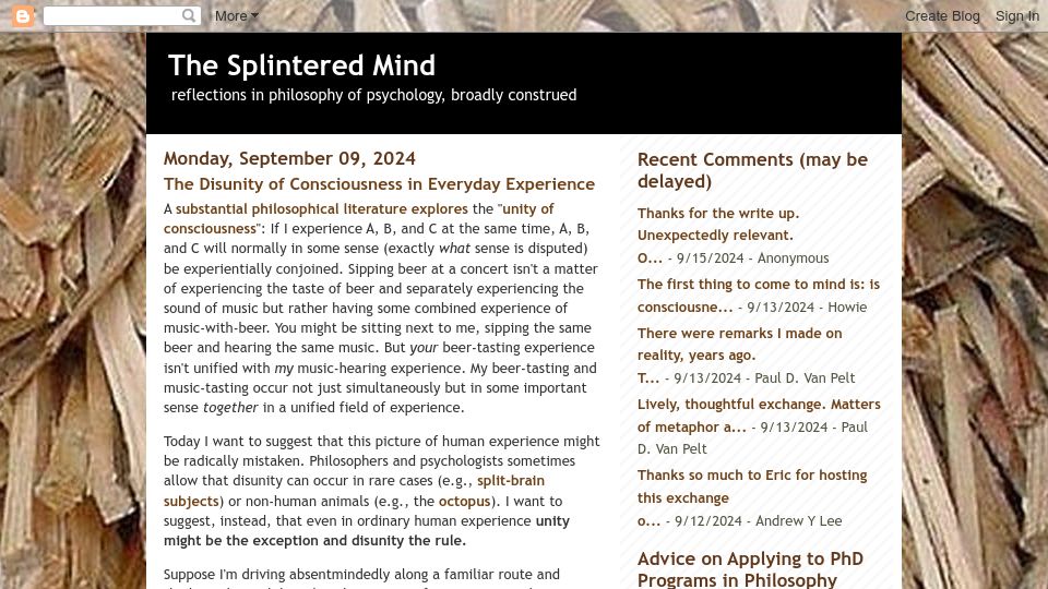 Screenshot of schwitzsplinters.blogspot.com: The disunity of consciousness in everyday experience