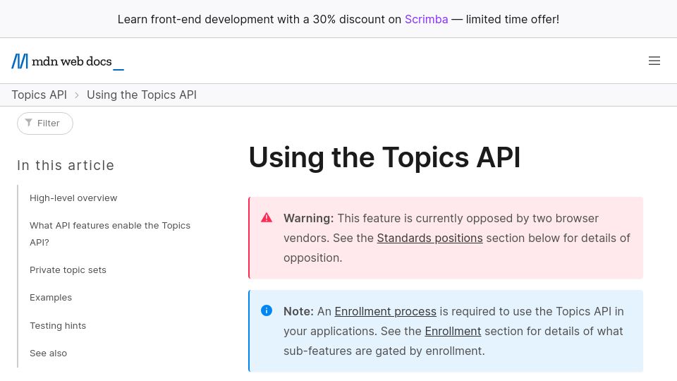 Screenshot of developer.mozilla.org: Using the Topics API (Chrome Only, Opposed by Firefox/Safari)