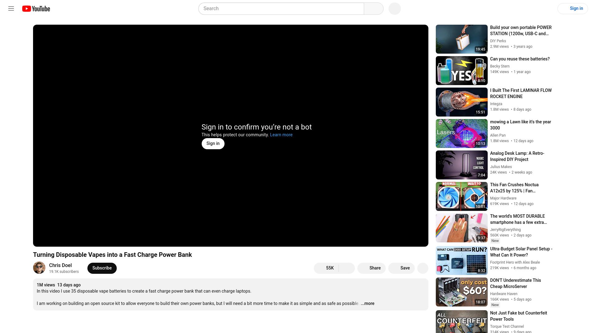 Screenshot of youtube.com: Turning Disposable Vapes into a Fast Charge Power Bank