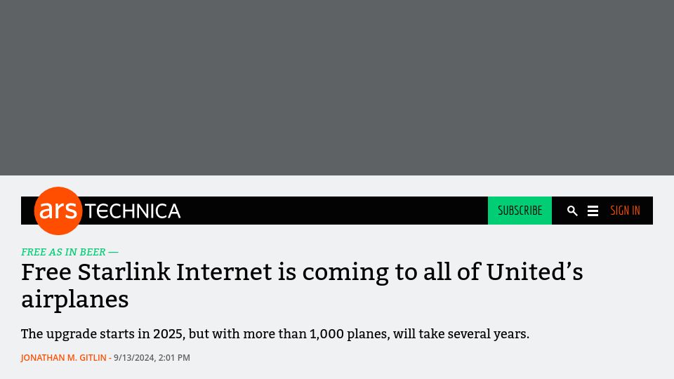 Screenshot of arstechnica.com: Free Starlink Internet is coming to all of United's airplanes